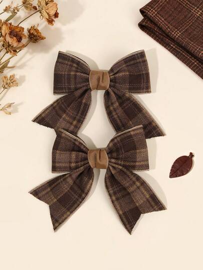 2 chiếc nơ cài tóc kẻ caro màu nâu cho bé gái, kẹp tóc cá sấu thanh lịch, kẹp tóc mùa thu đông ấm áp, dễ thương, ngọt ngào, kẹp tóc hàng ngày, kẹp tóc kẻ caro cổ điển, phụ kiện tóc cho thanh thiếu niên