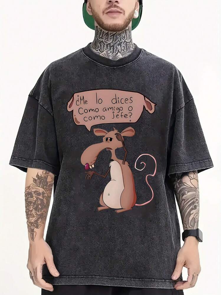 Camiseta de manga corta lavada de color negro con patrón de ratón cartoon Camiseta de algodón lavada de 230g, unisex - Negro - Añade 1