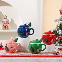 1 conjunto de canecas de cerâmica estilo árvore de Natal 3D com colher e tampa de aço inoxidável, xícara de café, decoração para casa de fim de ano, presente de Natal ideal para café, leite e chá