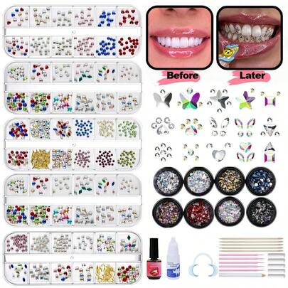 1 套/20 件可爱 DIY 牙齿珠宝装饰套装，带盒子，优雅闪亮牙齿配饰，适合日常佩戴、派对、礼物（不含胶水）