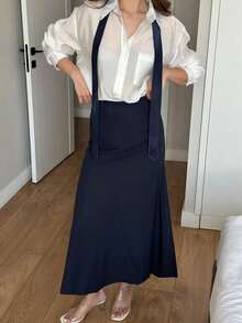 2pcs/Set Elegant Minimalist Business Commute Fashion Long Sleeve Shirt & Mermaid Skirt Outfit With Tie, Office Wear, Autumn/Winter, Tie Included