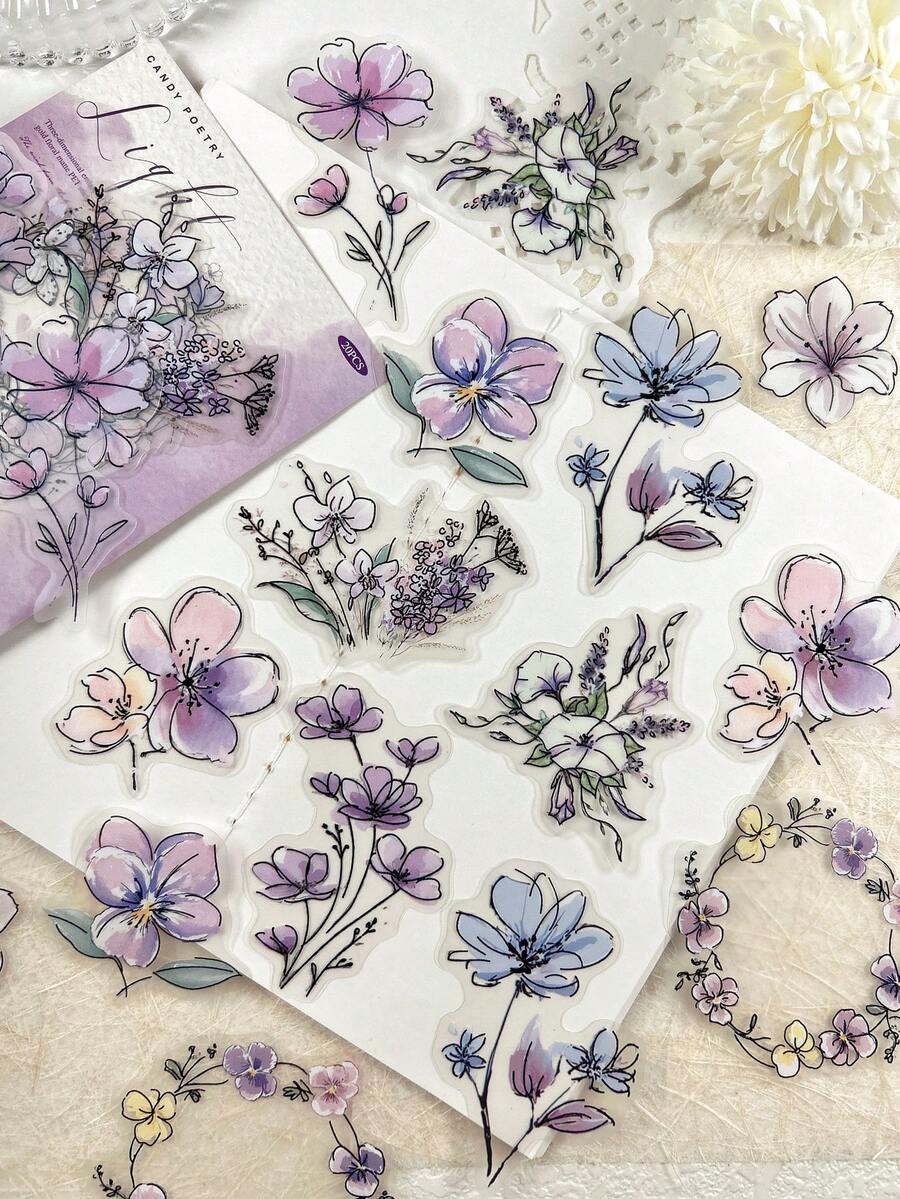20pcs/Pack Vintage Floral Rose Plant PET Stickers, Scrapbooking DIY Decorative Stickers For Planner, Album - Multicolor - View 1