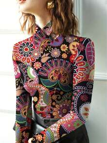 复古佩斯利花纹高领修身长袖上衣，柔软弹力面料，百搭复古风印花女式衬衫，适合春季穿着 - 彩色 - 查看 6