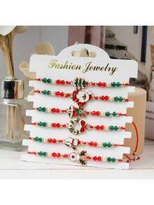 6 Stücke Weihnachts-Element Cartoon süße Armband Set, inklusive Weihnachtsmann, Weihnachtsbaum, Rentier, Schneemann, Glocke, handgemachte Perlenarmreifen, perfekt für Weihnachtsoutfit und Geschenke