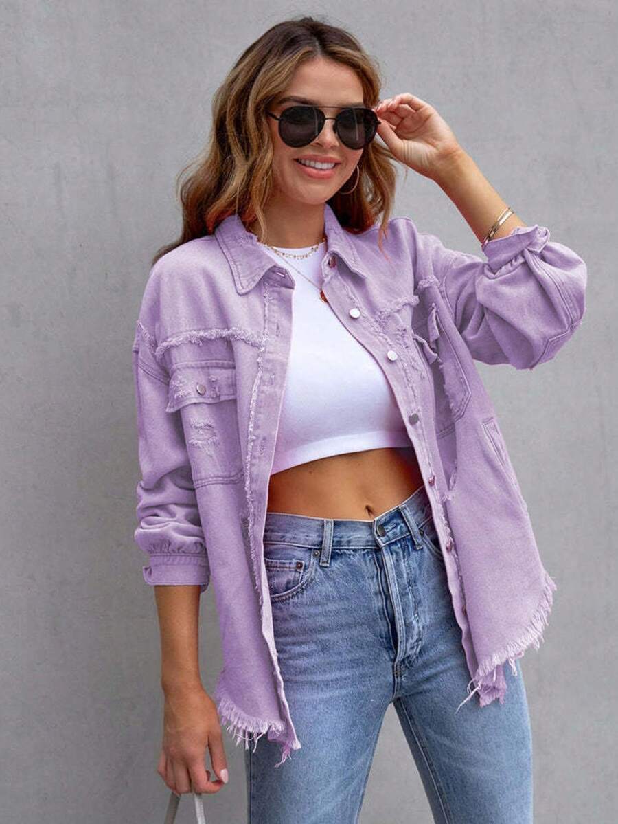 Plus Size Women's Distressed Denim Jacket, Frayed Hem, Button Front, Boyfriend Style Denim Outerwear, Western Cowgirl Shacket With Pockets Casual Spring - Purple - View 1