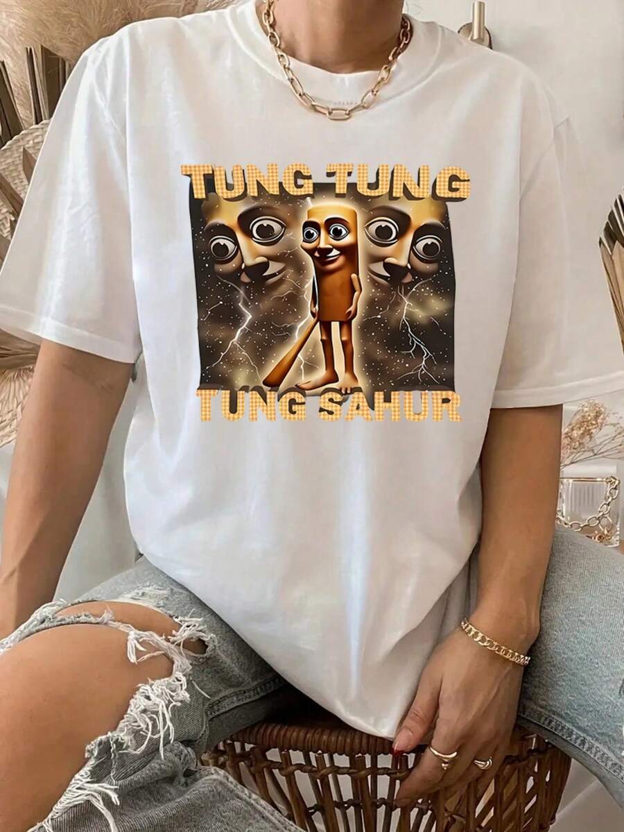 Camiseta Mujer Estampada "Tung Tung Tung Sahur", 100% Algodón de 180g Confortable, Perfecta para Celebrar el Ramadán y el Sahur, Diseño Único y Temático Religioso, Para Chicas de Fe Musulmana,blusas para mujer,playeras de mujer,blusas,blusas para dama casuales,halloween,disfraz halloween mujer,blusas elegantes dama,tops. - Negro - Ver 1