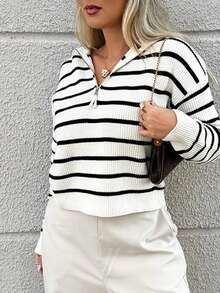 DONICY Women's Autumn/Winter Half-Zip Striped Pullover Long Sleeve Casual Top - Black and White - View 3