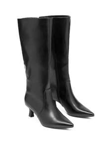 calcena Botas elegantes hasta la rodilla con tacón de gatito para mujer, elegantes botas de vestir de punta puntiaguda con cremallera lateral, estilo minimalista retro de los 90 para noche, fiestas, trabajo y eventos formales. - Negro - Ver 3