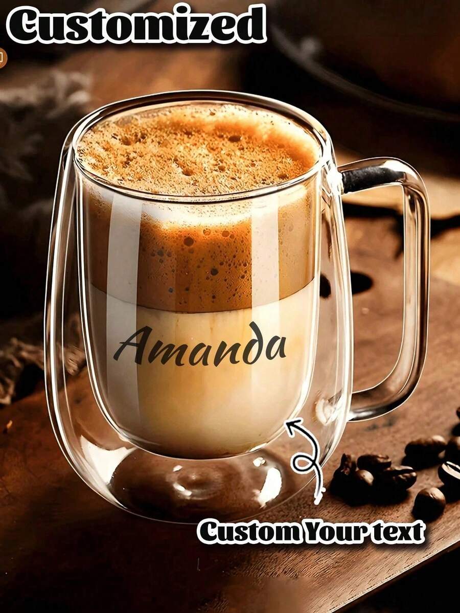 1/2pcs Custom Simple Light Luxury Double-Layer Insulated Heat Preservation Good Glass Coffee Cup , Transparent, With Portable Handle, Suitable For Cappuccino, Latte, Tea, Hot And Cold Drinks, Suitable For Easter, Christmas, Birthday Party