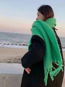 1pc Solid Color Scarf, Winter Warm Neck, Thickened Knitted Thick Fringed Shawl, Can Be Worn - Royal Blue - View 7