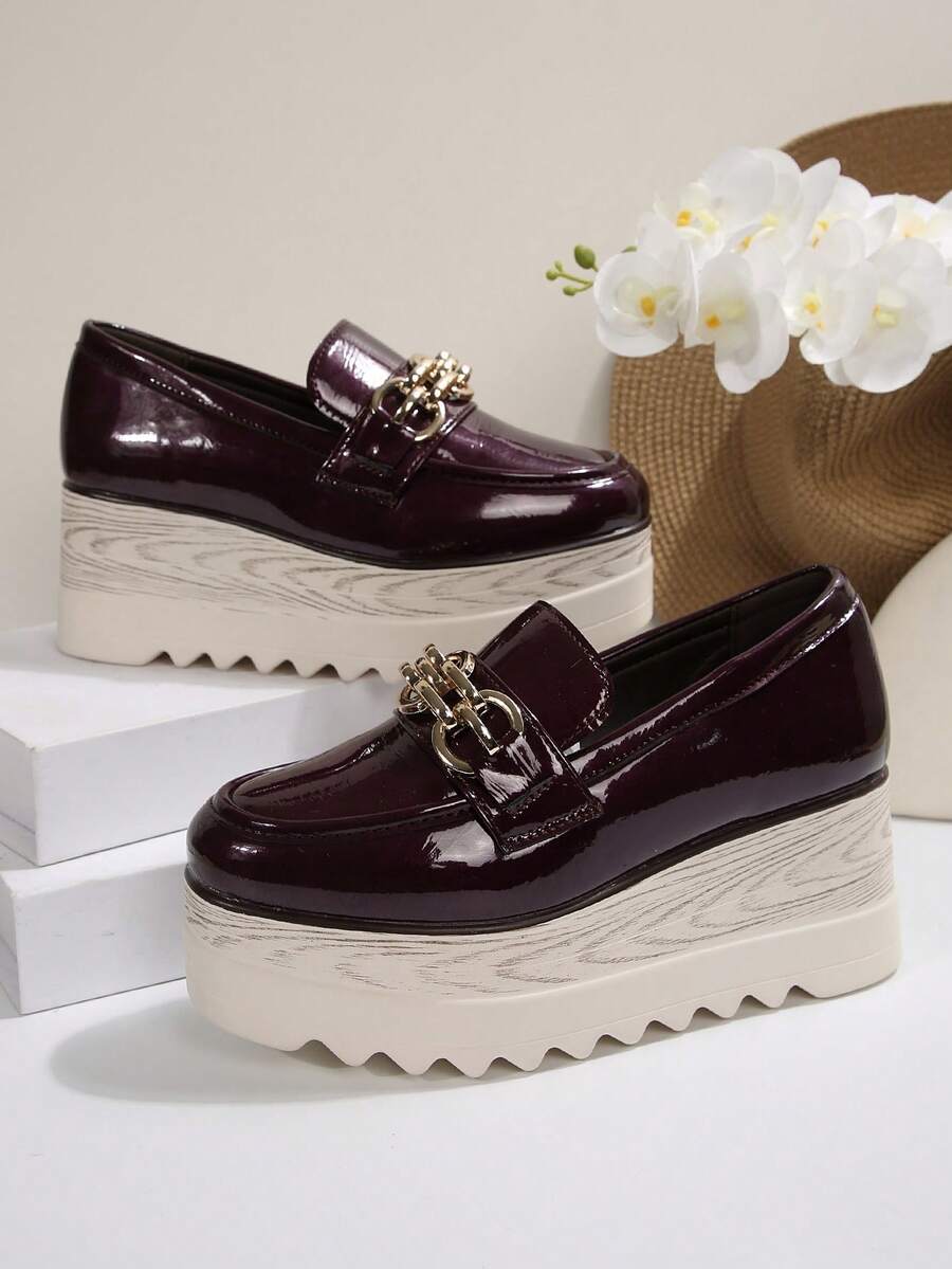 Damen Plateau Plateau-Schuhe, einfarbiger Metallketten-Dekor, für Pendeln & Büro - Bordeaux - Übersicht 1