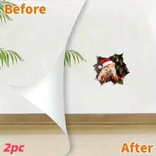 قطعتان من ملصقات الحائط لزينة عيد الميلاد، ملصقات حائط 3D لخنزير كيوت يرتدي قبعة سانتا كلوز، ملصقات عيد الميلاد قابلة للإزالة من البولي فينيل كلورايد ذاتية اللصق لغرفة المعيشة والنوم والمتجر وزينة صندوق هدايا عيد الميلاد