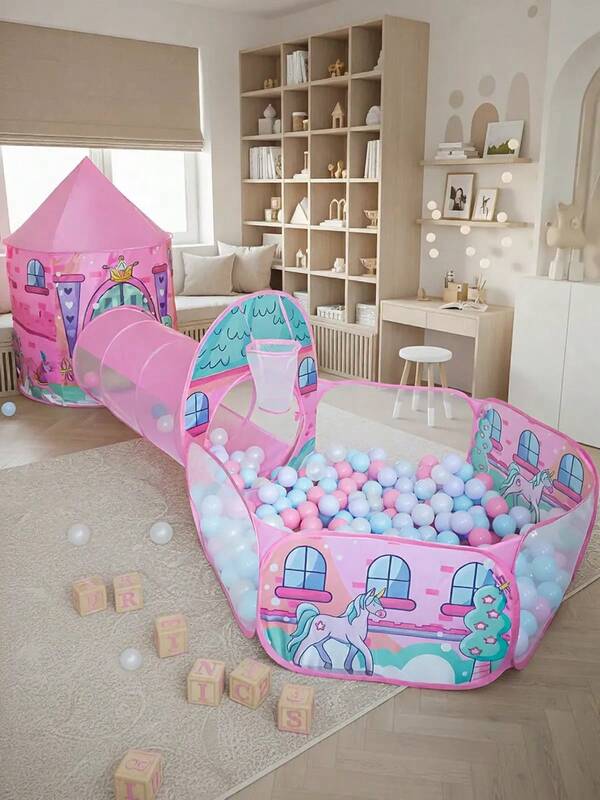 1 pieza Castillo de unicornio rosa Tres-en-Uno Carpa para niños, Casa de juegos Piscina de bolas marinas Túnel, Carpa plegable portátil de almacenamiento de juguetes, Juguetes cercados para niños, Juguetes de casa de juegos, Adecuado para interior y exterior, playa, regalo de cumpleaños (sin bolas), Decoración navideña