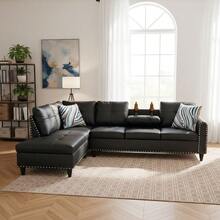 Black 97"W Modern L-Shaped Sectional Sofa Set, Synthetic Leather Left-Facing Chaise Lounge Corner Couch, Tool-Free Assembly Modular Sleeper Sofa, Space Saving Multi-Functional Living Room Furniture For Apartments And Offices - màu đen - Xem 5