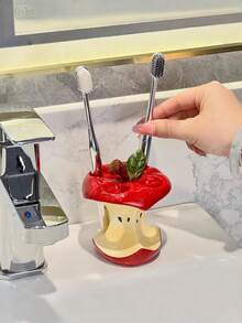 1PC Creative Apple Toothbrush Holder, Bathroom Sink Organizer For Home Use, Home Organization, Countertop Organizer, Sleek Organizer, Creative Design, Elegant Finish, Smooth Surface, Bathroom Holder, Storage Rack, Organized Living, Personal Hygiene