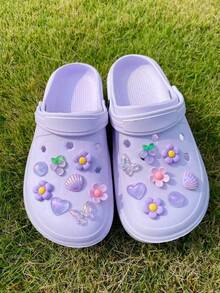 16 件蝴蝶、心形、5 色花朵、葡萄、贝壳形鞋夹，多功能鞋配件，适用于女士凉鞋、拖鞋、沙滩包，是节日和生日派对礼物的理想选择 - 紫色 - 查看 4