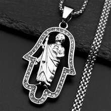 Hamsa Hand Tadeo Strasshänge Halsband, Rostfritt Stålkedja, Kristna Fatima Hand Amulettsmycken, Festgåva - halsband - Visa 3