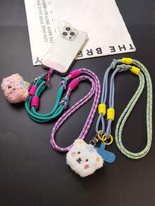 Correa de cordón ajustable con oso de peluche lindo y de dibujos animados, soporte para teléfono cruzado largo tipo collar