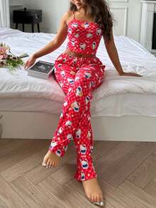 Sanrio [WONDER WORLD]2pcs Hello Kitty Women Camisole Printed Crop Top + Straight Elastic Waist Pants Pajama Set - Red - View 4