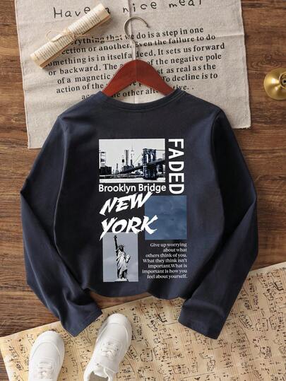 Tween Boy Graphic Print Crew Neck Long Sleeve T-Shirt, Autumn/Winter Top