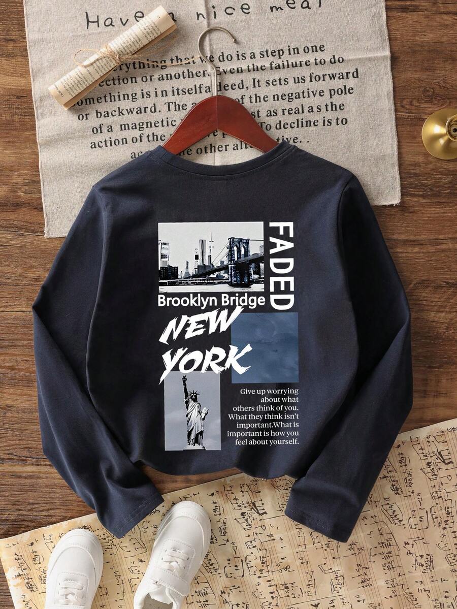 Tween Boy 图案印花圆领长袖 T 恤，秋冬上衣 - 藏蓝色 - 查看 1