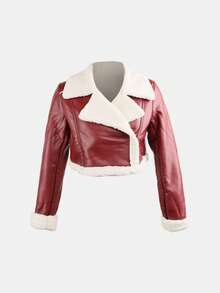 Apperloth A Street Style Turndown Collar Zipper Cuff Teddy Thermal Lined PU Leather Short Motorcycle Jacket - Burgundy - View 2