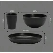 Aparelho de Jantar de Melamina - Preto Fosco 18 Peças – 6 Pratos, 6 Tigelas e 6 Copos - Cozinha - Preto - Visão 2
