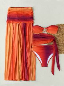 女士夏季红紫渐变海星装饰无肩带比基尼套装 - 优雅沙滩度假泳装，完美适用于春夏两季，春季穿搭，优雅风格，假日穿搭，夏季派对，夏季度假，沙滩穿搭，派对，女士假日穿搭，海滩度假 - 彩色 - 查看 3