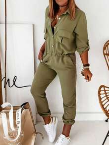 UREREM Olive Green Turndown Collar Utility Pockets Cinched Waist Cuffed Casual Jumpsuit, Woven Fabric 170G - Olive Green - View 1