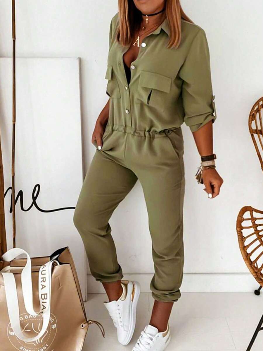 UREREM Olive Green Turndown Collar Utility Pockets Cinched Waist Cuffed Casual Jumpsuit, Woven Fabric 170G - Olive Green - View 1