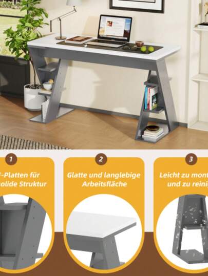 120 50 74 Cm Einfacher Schreibtisch, Schreibtisch Mit Förmiger Halterung, Lagerregal Dry Positionen, Farblich Abgestimmtes In Grau Weiß, Stylish Robust, Wit view 3