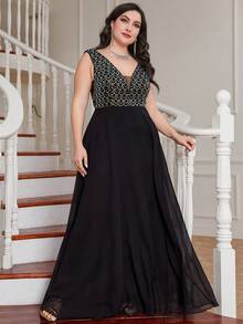 UNITHORSE Damen Große Größen Tiefer V-Ausschnitt Ärmellos Pailletten Patchwork Chiffon Partykleid