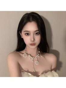 French Retro Natural Round Pearl Tassel Necklace Women, Fairy Temperament, Beach Vacation Collarbone Chain Accessory - Pearl Disc Shell Tassel Necklace - View 2