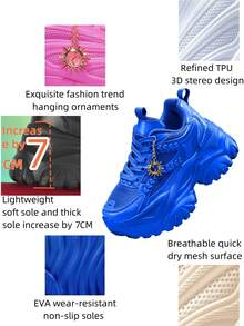 7cm Elevator Women's Casual Sports Shoes With 3D Metal Sunflower Decor Chain, Outdoor EVA Platform High-Top Sneakers, Lightweight Soft Shock-Absorbing Non-Slip Running Shoes, Breathable Mesh Summer Sandals, Round Toe Lace-Up Rhinestone Blue Plus Size Shoes For Daily, School, Work, Workout - Blue - View 3