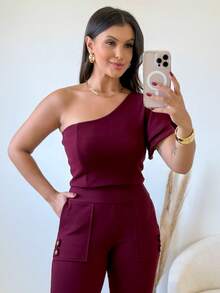 Cropped One Shoulder Mula Manca Women's Top With Ruffles Blouse One Sleeve Luxury Basic Spring Summer - Burgundy - View 4