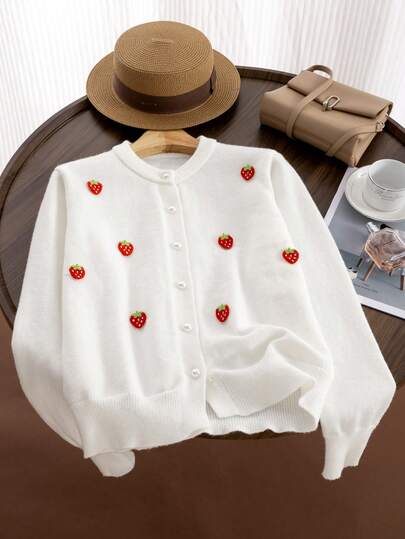 Cardigan côtelé à boutons devant avec broderie de fruits de fraise pour femmes, automne/hiver