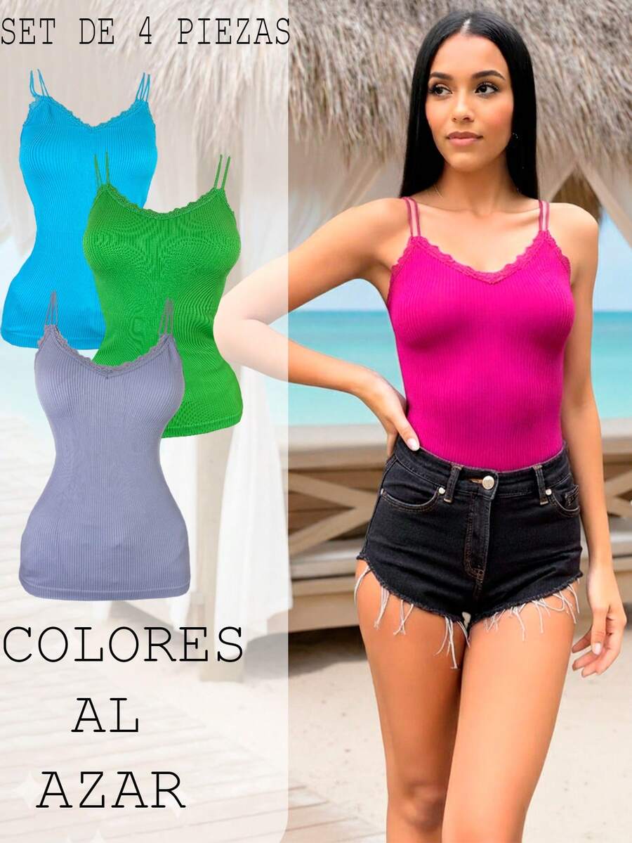 Kit de 4 camisetas de tirantes finos para mujer, multicolor, clásicas y casuales, tela de nailon y elastano, aptas para temporadas de primavera y verano. Textura acanalada. Diseño ajustado, muy cómodo y ligero. Cuello en "V" y espalda descubierta. Pequeño y delicado encaje sobre el busto. Te llegarán 4 camisetas de tirantes en colores al azar. - Multicolor - Ver 1