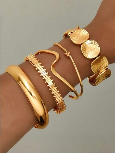 5pcs Exaggerated Leaf Smooth Bangle Bracelet Set, Geometric Multi-Layer Wrap Open Cuff Bracelets For Women, Suitable For Daily Wear, Dates, Parties, Women's Birthday Gifts, Music Festival Gifts, Daily Commute Jewelry Matching