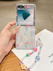 1 pezzo Custodia pieghevole per telefono in materiale PC alla moda e semplice, con elementi floreali a schermo intero, abbinata a un braccialetto dello stesso colore, per proteggere e prevenire la caduta: compatibile con Samsung Galaxy Z Flip 3/Z Flip 4/Z Flip 5/Z Flip 6/Z , OPPO Find N3 Flip, Razr 50 Ultra, Razr 60 Ultra, Razr 60, MIX Flip, Galaxy Z Flip7 FE. Portachiavi e cordino inclusi.