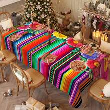 1/20 piezas Mantel festivo, mantel con diseño de flores y líneas coloridas, mantel navideño, mantel de poliéster duradero, fácil de limpiar, para celebraciones festivas, decoración del hogar, decoración navideña, decoración de fiesta mexicana - Multicolor - Ver 6