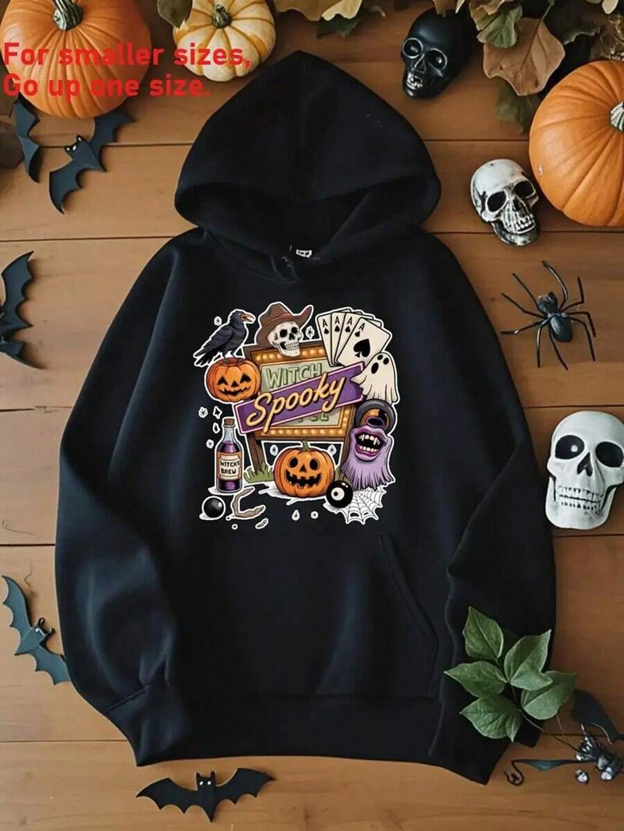 Men's Halloween Hoodie - Spooky Pumpkin Skull Print Pullover Sweatshirt,  Pocket Hooded Sweatshirt For Fall Winter, Machine Washable Halloween Party Outfit Everyday Casual Wear - Perfect Gift For Horror Fans,Fall Hoodies,Men's Fall Clothes,Street Wear,Halloween,Mens Hoodies,Y2k Clothes,Jesus Hoodie,Thanksgiving Day,Nightmare Before Christmas,Christmas - 黑色 - 查看 1