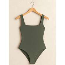 Women's Bori Bodysuit Square Neck Tank Top Thick Strap Basic Casual Blogger Suplex Various Colors Spring Summer - 軍綠色 - 查看 1