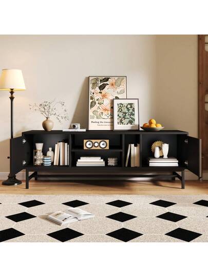 150cm TV St Contrasting Zwart Wood Versatile Storage Space, Including Cabinets, Horizontal Vertical Compartments, Moderne Minimalist view 10