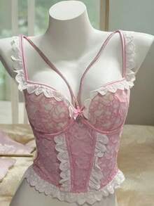 Sexy Pink Lace Vest With Bib For Women, Sleeveless Bodysuit With A Flattering Back For Sensual Gals