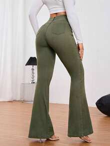 Vaqueros casuales de mezclilla elástica de pierna acampanada para mujer, largos, con bolsillos con cremallera y botones - Verde militar - Ver 4