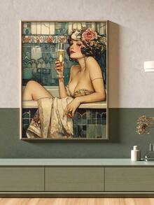 1 pièce Chic Impression sur canevas d'une dame des années 1920 dans une baignoire avec du champagne, parfait pour la décoration de la salle de bain, du salon, de la chambre, du café, du bureau - Idée de cadeau pour une fashionista, Matériau : canevas, Sans cadre.
