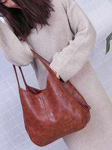 Women's Bucket Shoulder Handbag, Minimalist Fashion Large Capacity Tote Bag, Soft Faux Leather Shoulder Bag, Zipper Handbag - Brown - View 5