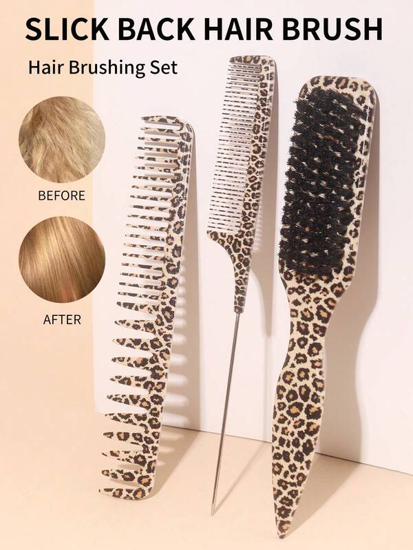 Set da 3 pezzi con spazzola a punta con stampa leopardata, pettine a coda e pettine a denti larghi. Setole morbide, realizzati in materiale ABS durevole. Pettinatura dei capelli liscia, adatto per la cura e lo styling dei capelli. Adatto sia per uso domestico che per il salone di barbiere, essenziale da viaggio.