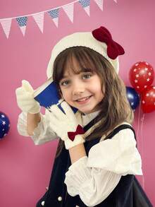 2pcs/Set Girls' Autumn/Winter Knitted Beret Hat And Gloves Set, Retro Palace Style - 2pcs - View 4