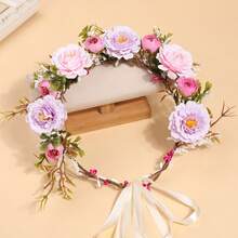 1pc Pink Rose Flower Bohemian Style Bridal Wedding Floral Headpiece, Hawaiian Outfit For Women, Hair Accessories, Coronas, Tiara, Costume Crown